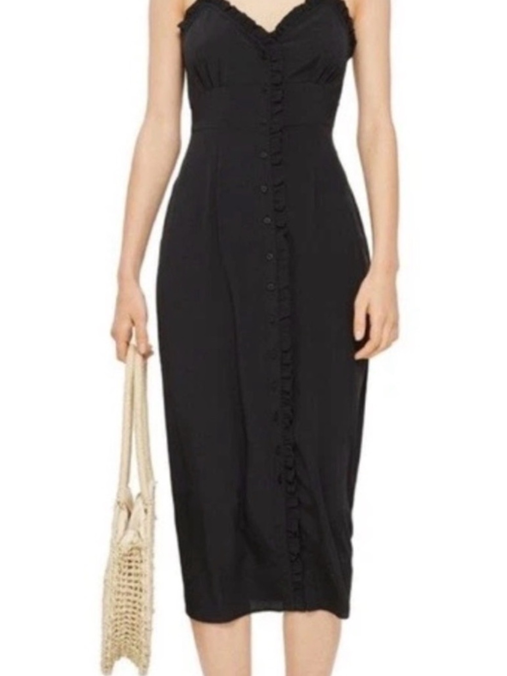 Topshop Black Ruffle-Trim Button-Front Midi Dress sz 12 NWT